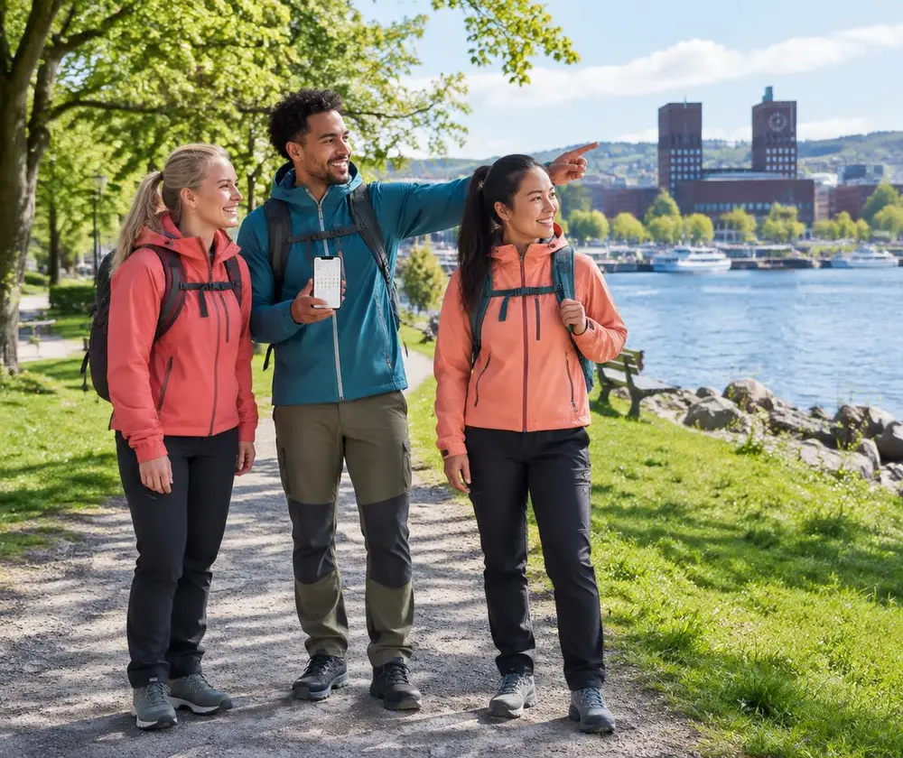 Venner på tur langs vannet en solfylt dag