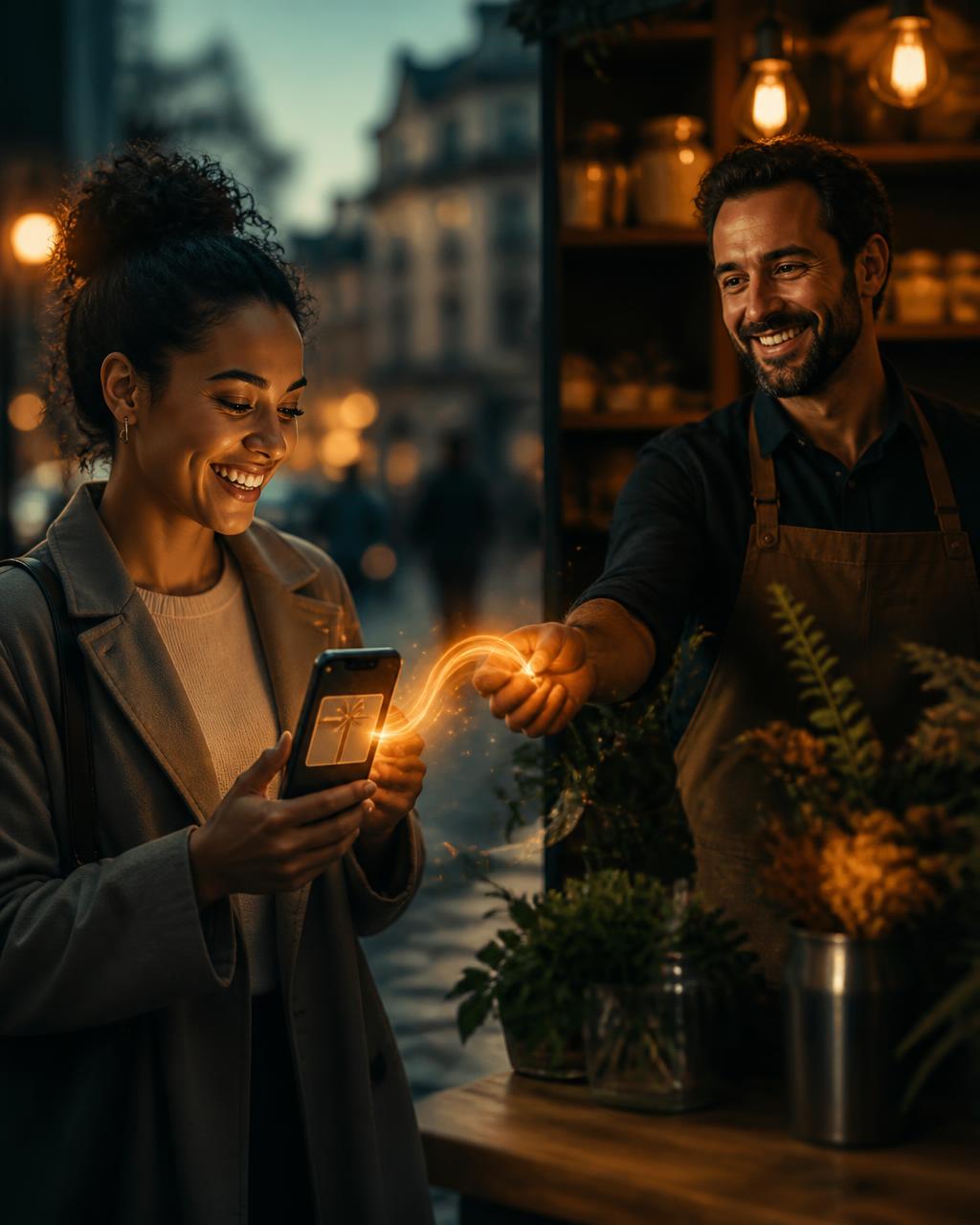 Kunde som mottar en digital bonus fra en lokal butikkeier