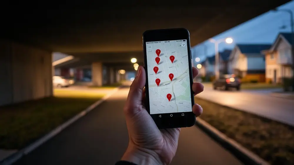 Mobiltelefon som viser kart med markerte hendelsespunkter i et nabolag i skumringen
